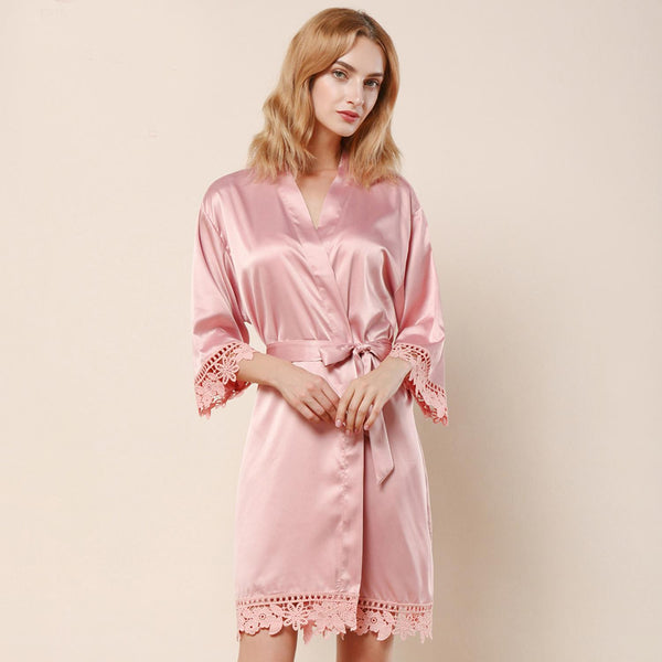 Rose Gold - Rose Lace Satin Kimono Robe