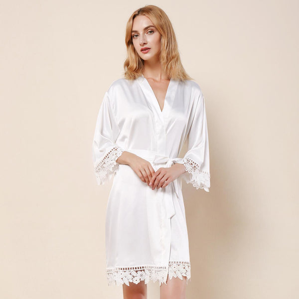 White - Rose Lace Satin Kimono Robe