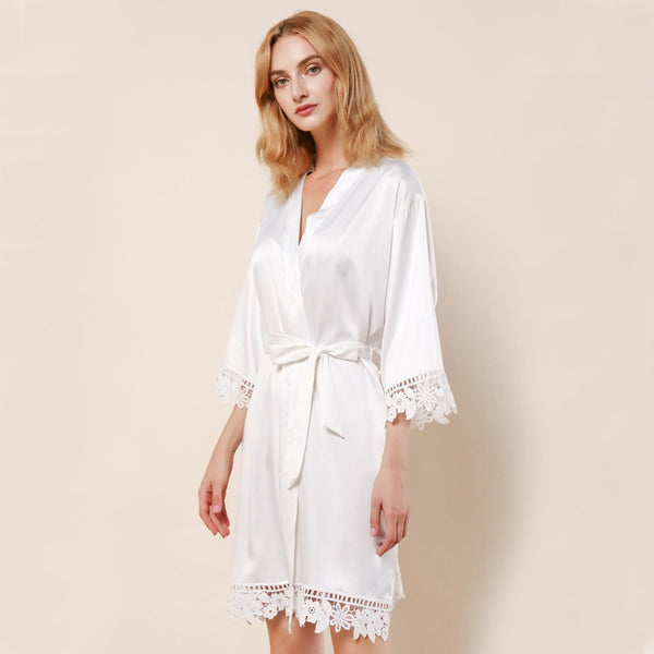 White - Rose Lace Satin Kimono Robe