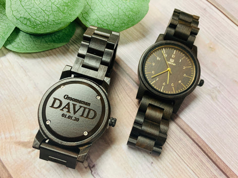 Wood Watch Engrave Watch Personalize Groomsmen Gift Black Link