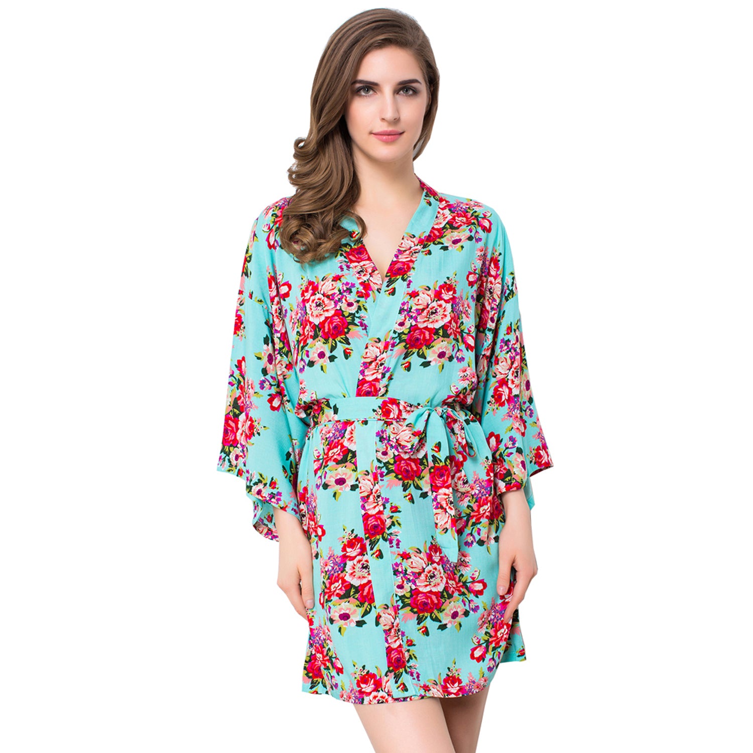 Light Blue - Floral Cotton Kimono Robe