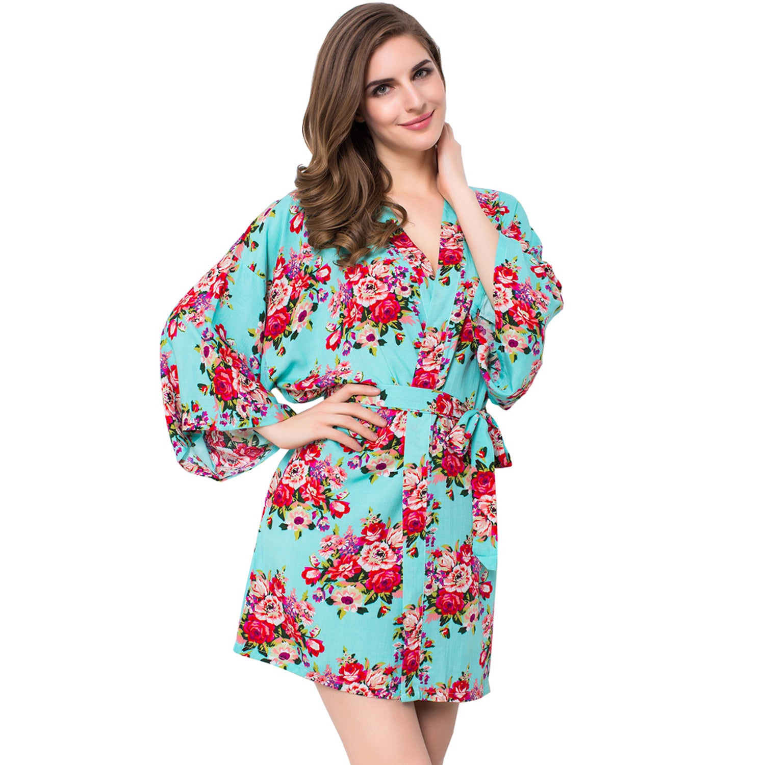 Light Blue - Floral Cotton Kimono Robe