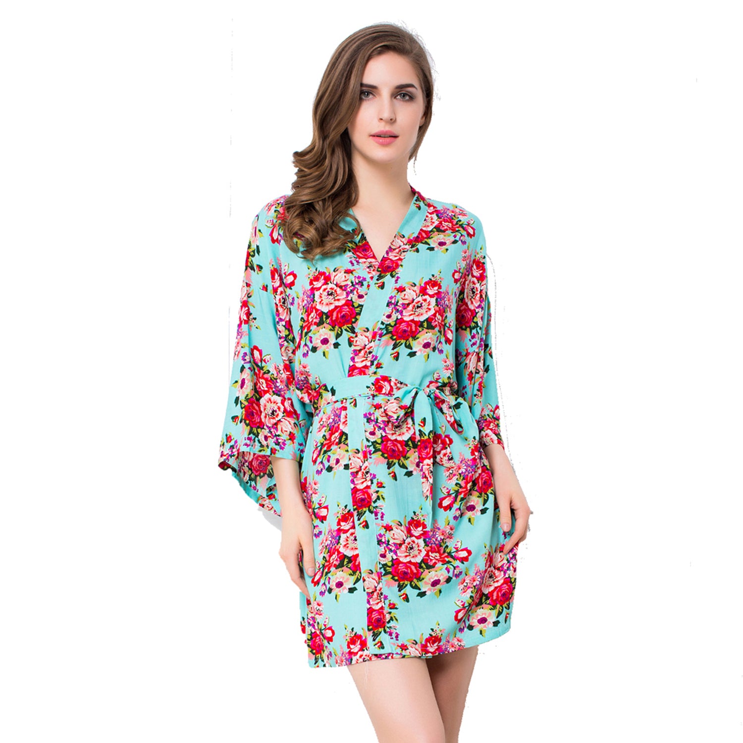 Light Blue - Floral Cotton Kimono Robe