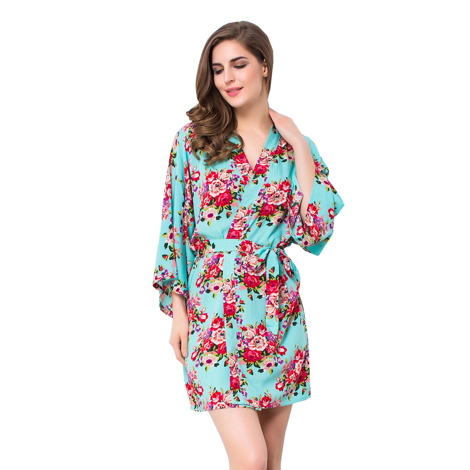 Light Blue - Floral Cotton Kimono Robe