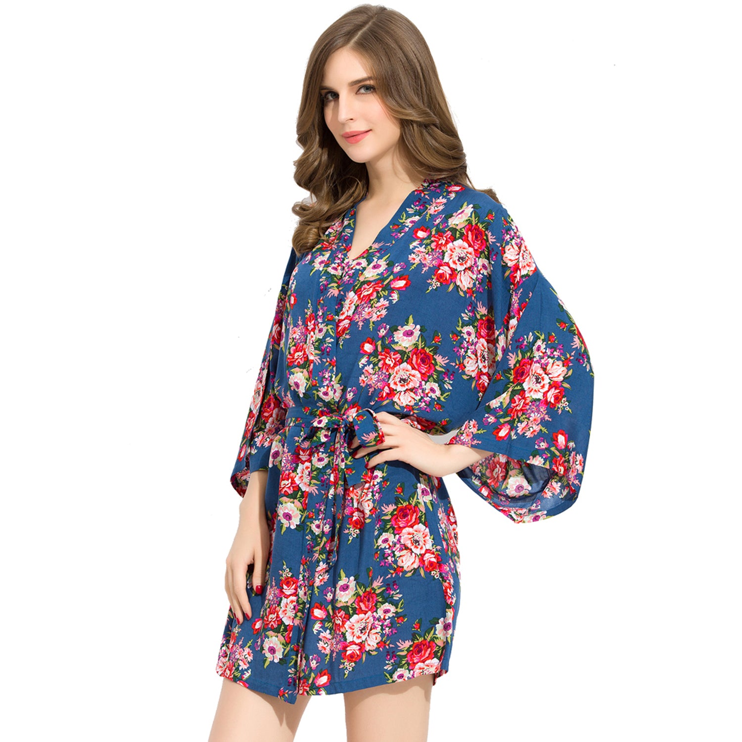 Blue - Floral Cotton Kimono Robe