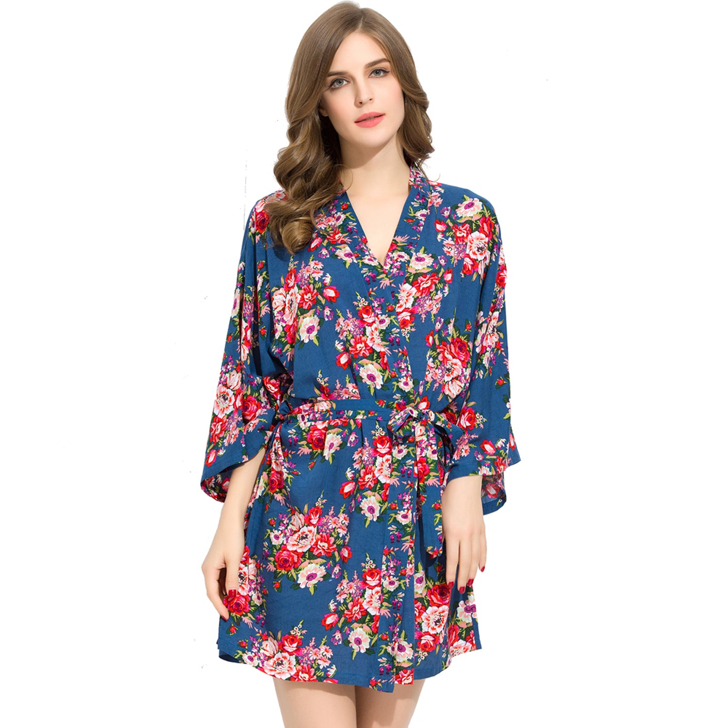 Blue - Floral Cotton Kimono Robe