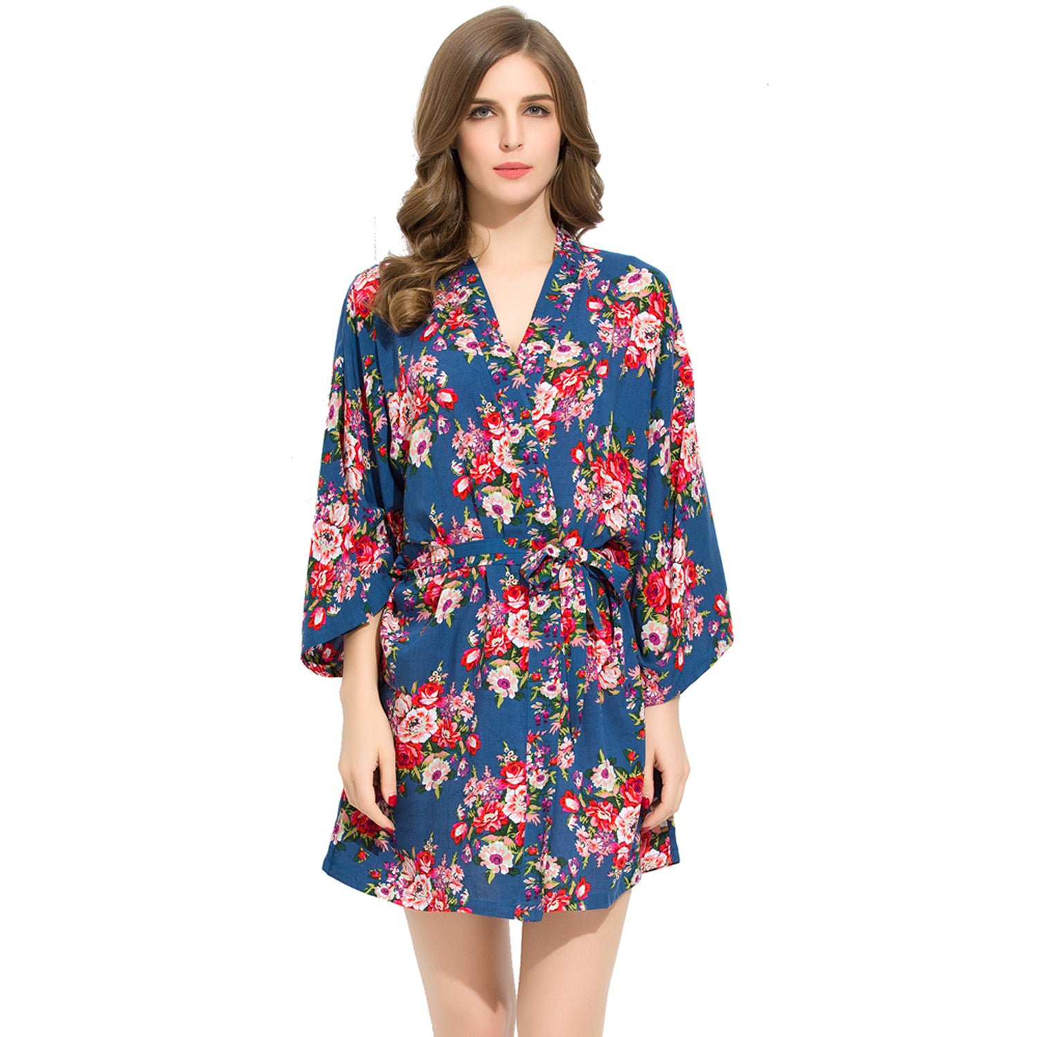 Blue - Floral Cotton Kimono Robe