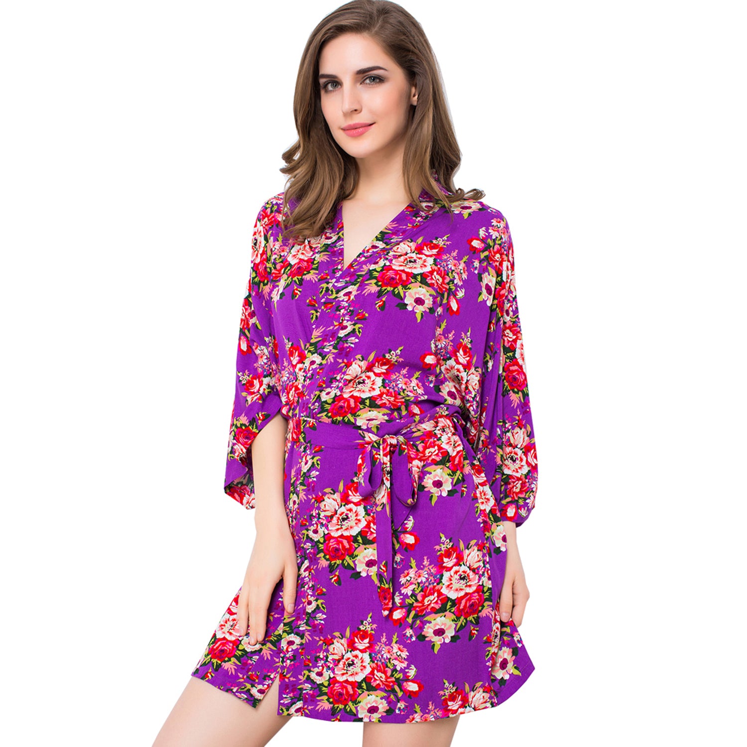 Purple - Floral Cotton Kimono Robe