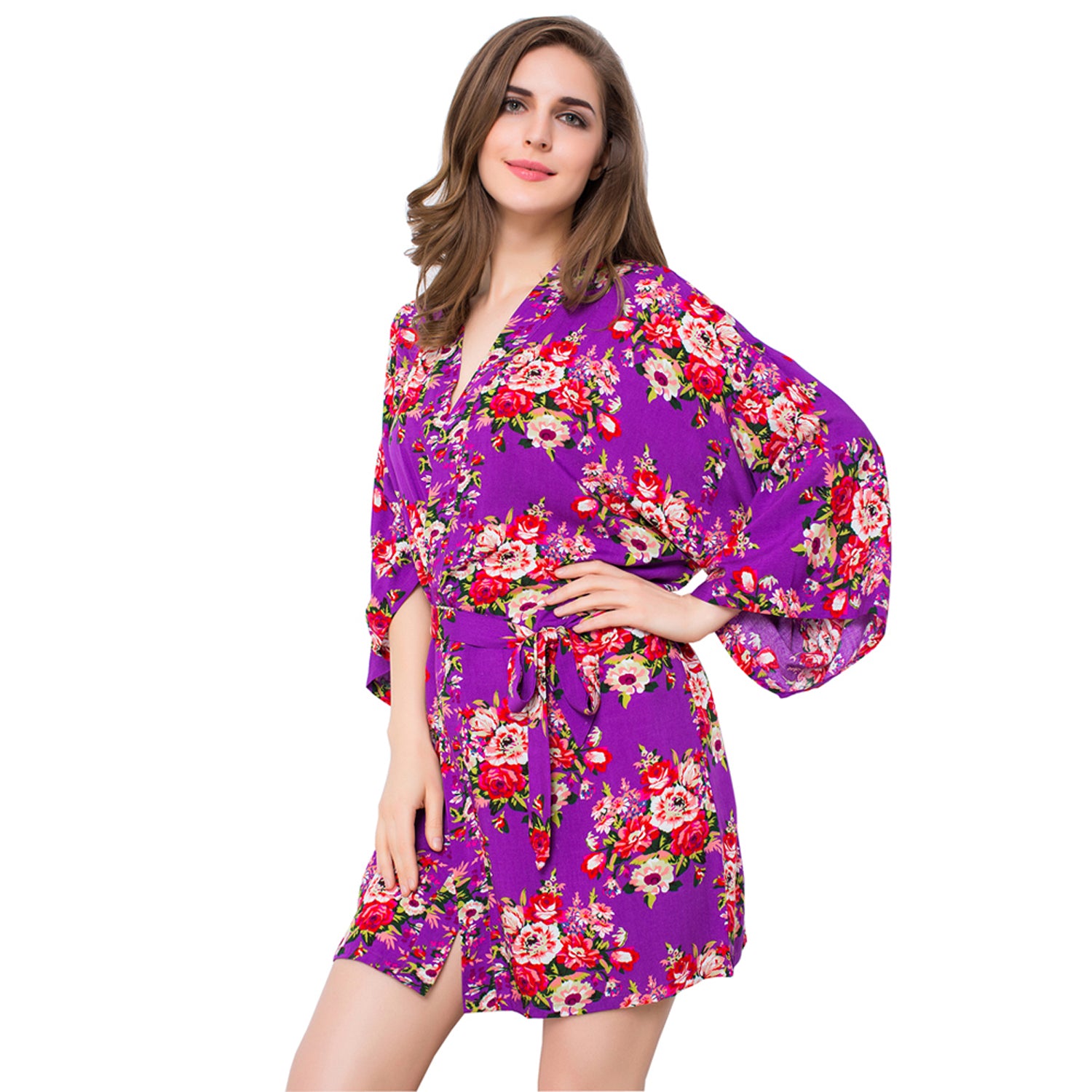 Purple - Floral Cotton Kimono Robe