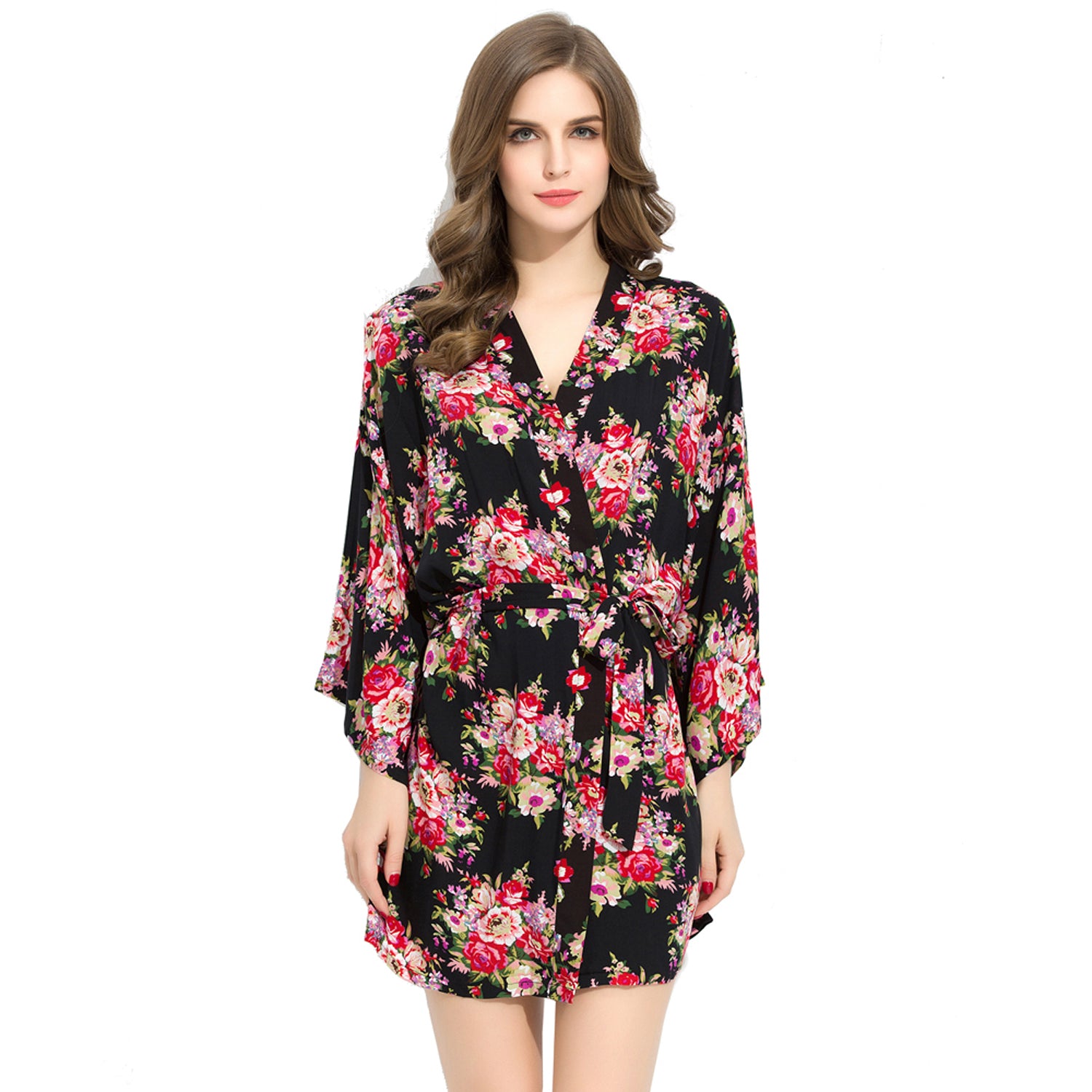 Black - Floral Cotton Kimono Robe