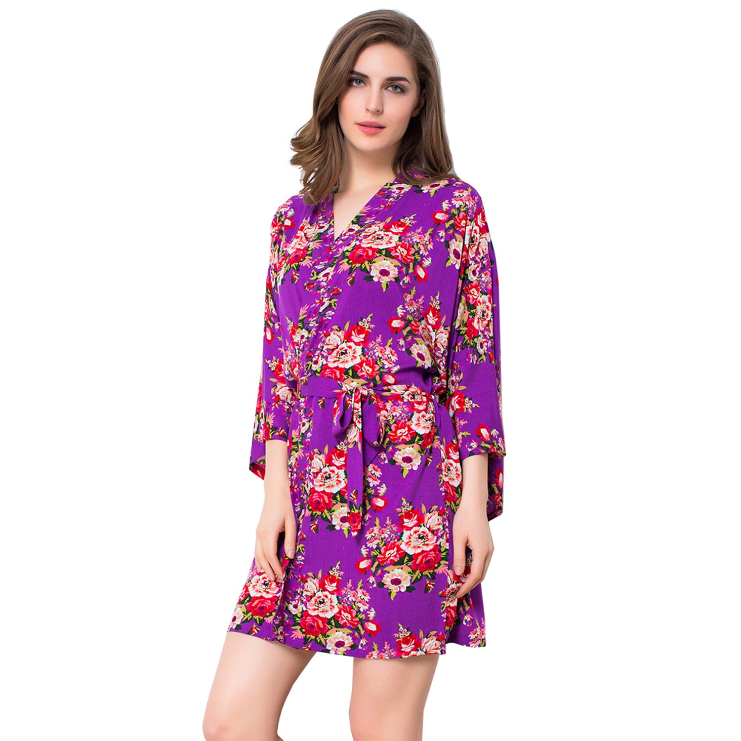 Purple - Floral Cotton Kimono Robe