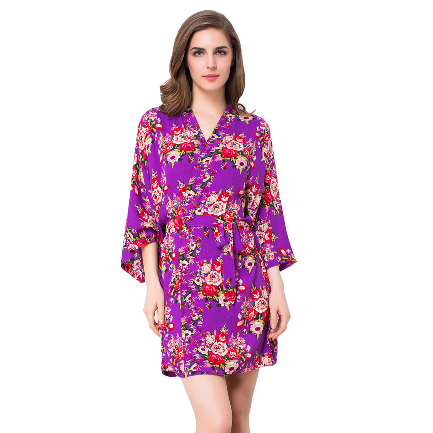 Purple - Floral Cotton Kimono Robe