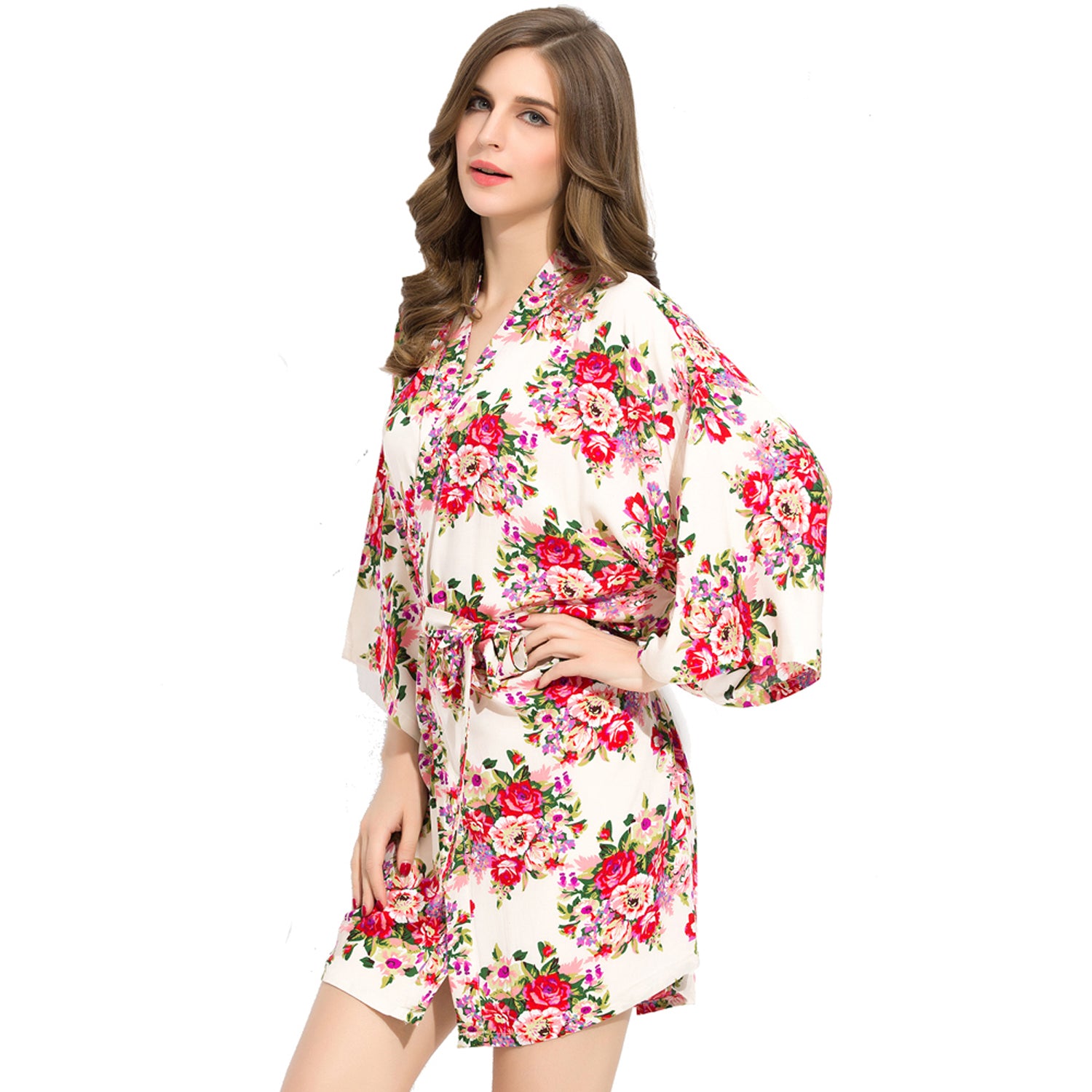 White - Floral Cotton Kimono Robe