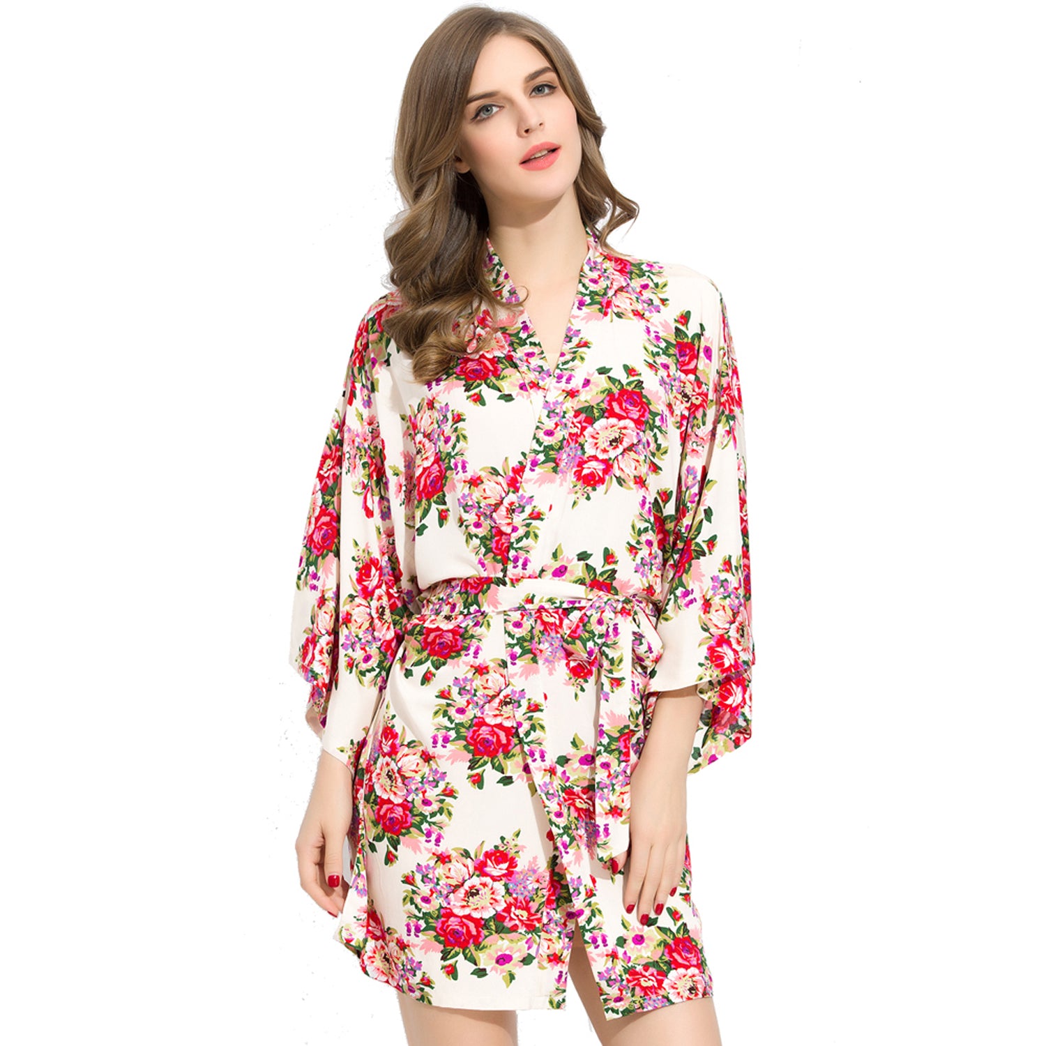 White - Floral Cotton Kimono Robe