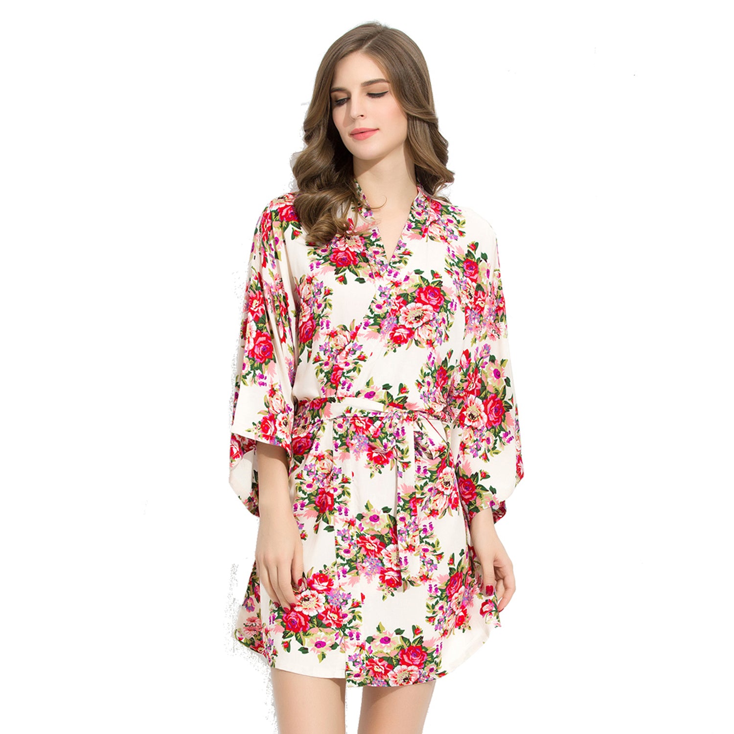 White - Floral Cotton Kimono Robe