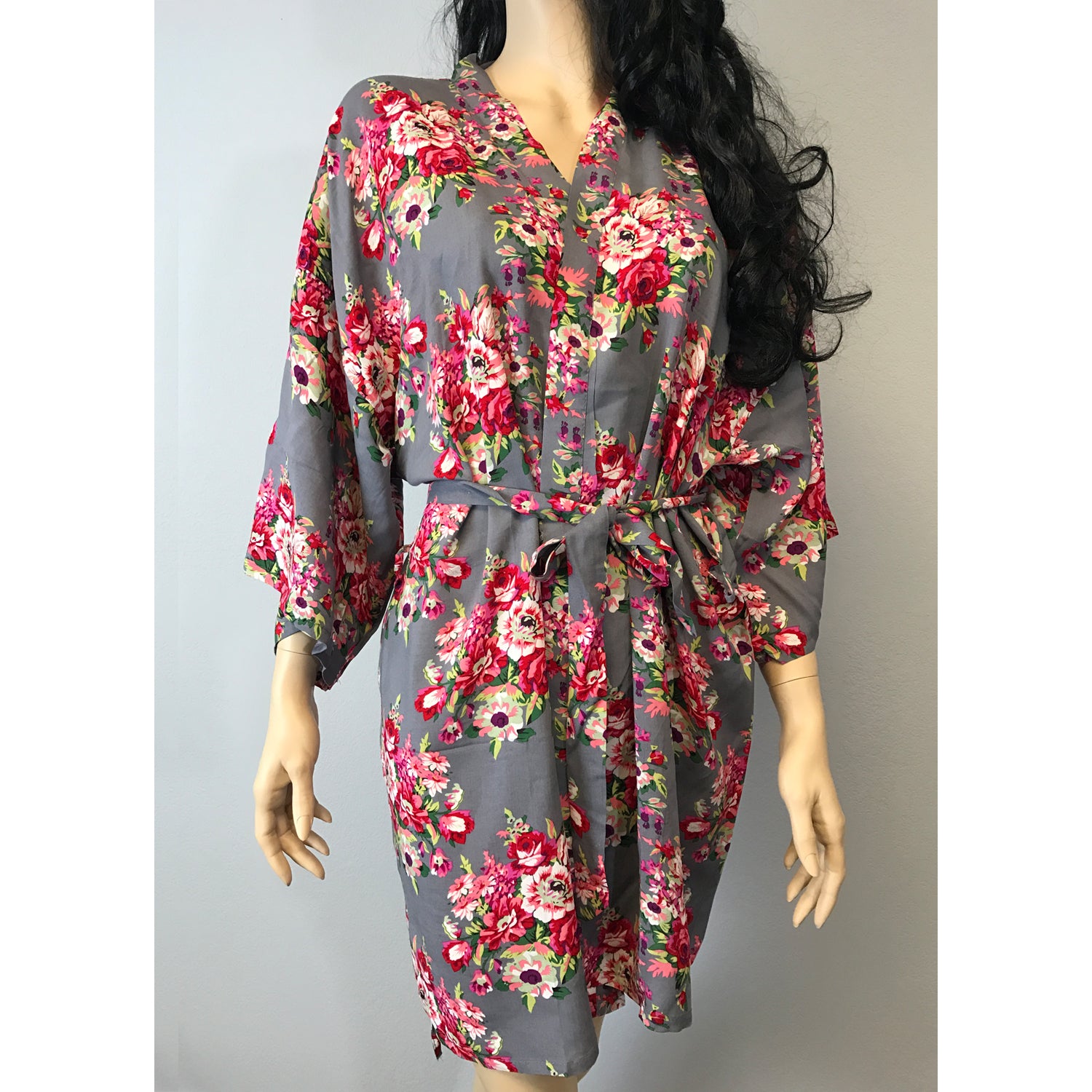 Grey - Floral Cotton Kimono Robe
