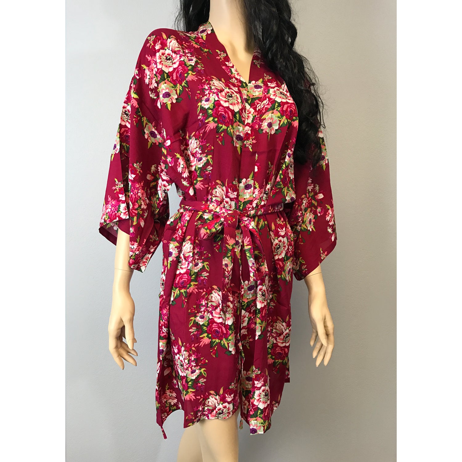 Burgundy - Floral Cotton Kimono Robe
