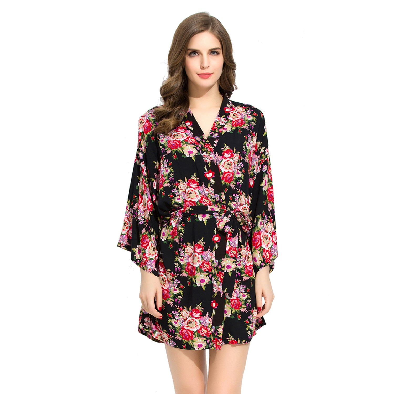 Black - Floral Cotton Kimono Robe