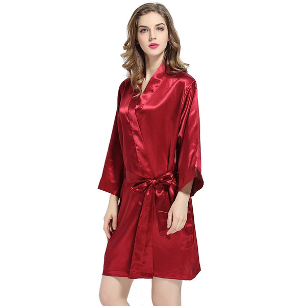 Burgundy - 3/4 Sleeve Satin Women Robe