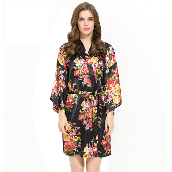 Black - Floral Satin Kimono Robe