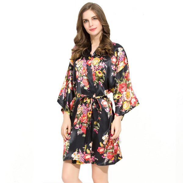 Black - Floral Satin Kimono Robe