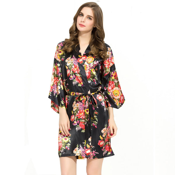 Black - Floral Satin Kimono Robe