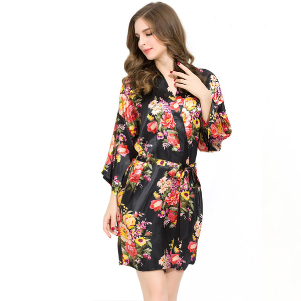 Black - Floral Satin Kimono Robe