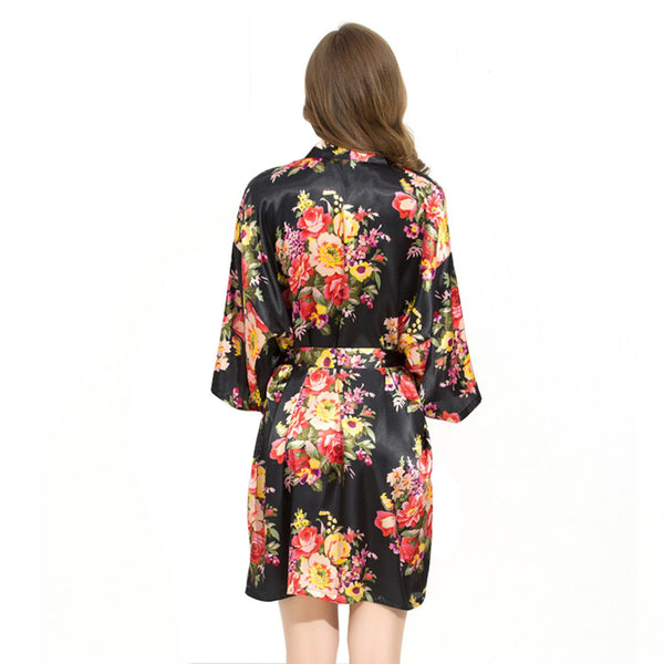 Black - Floral Satin Kimono Robe