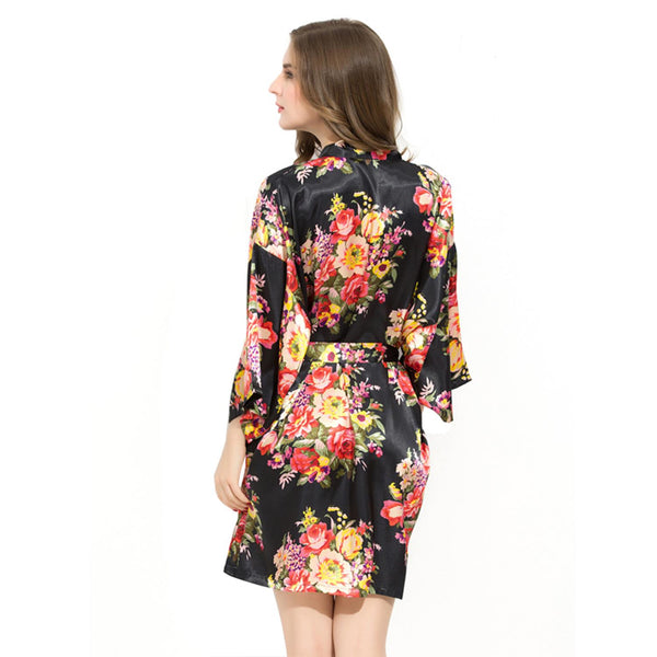 Black - Floral Satin Kimono Robe