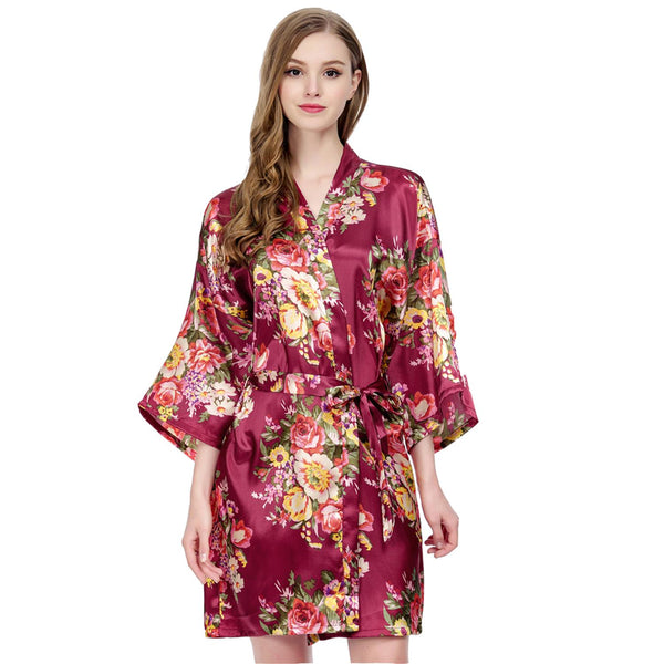 Burgundy - Floral Satin Kimono Robe