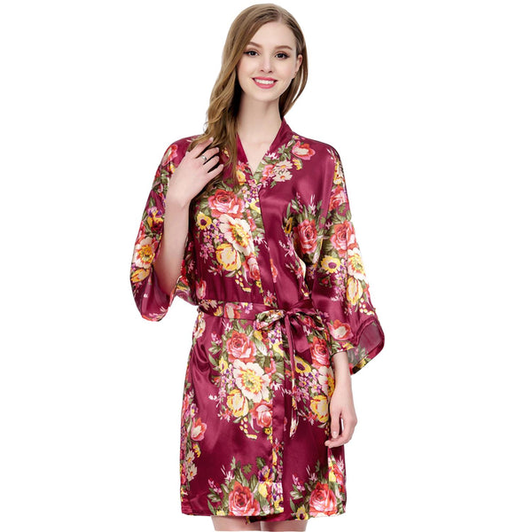 Burgundy - Floral Satin Kimono Robe