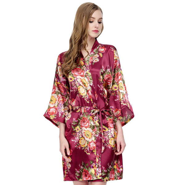 Burgundy - Floral Satin Kimono Robe