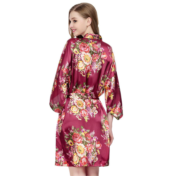 Burgundy - Floral Satin Kimono Robe