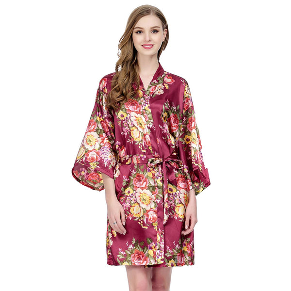 Burgundy - Floral Satin Kimono Robe