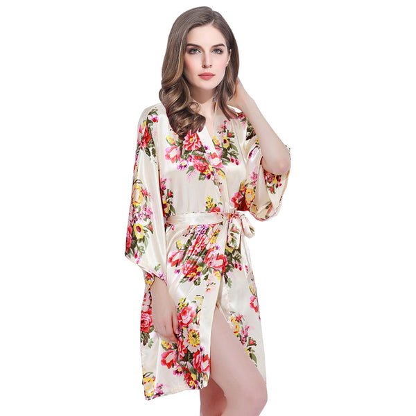 Champagne - Floral Satin Kimono Robe