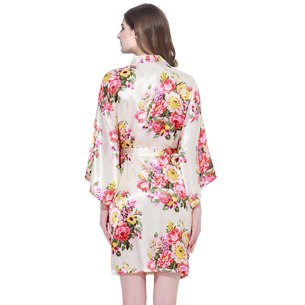 Champagne - Floral Satin Kimono Robe