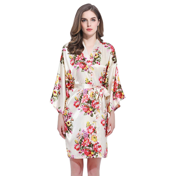 Champagne - Floral Satin Kimono Robe