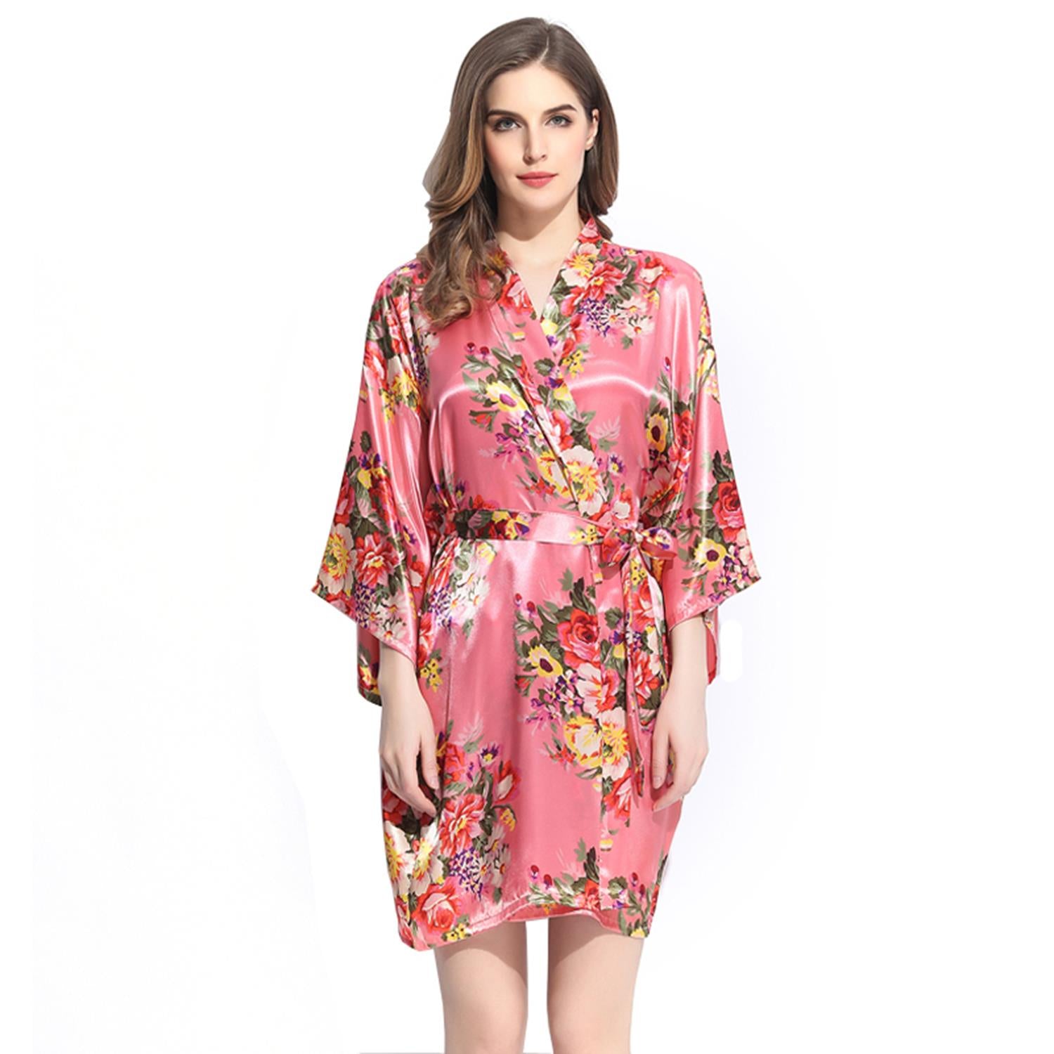 Coral - Floral Satin Kimono Robe