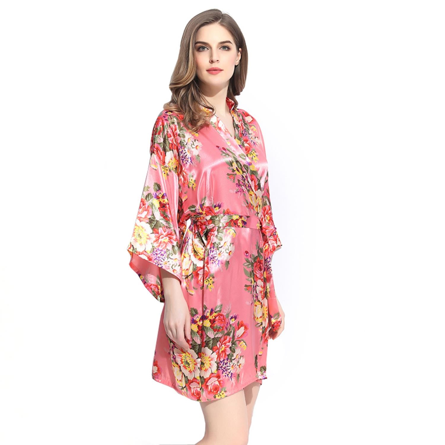 Coral - Floral Satin Kimono Robe