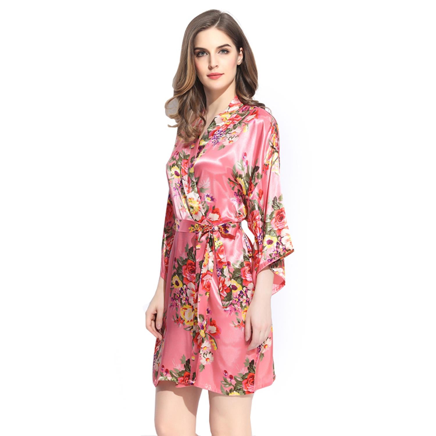 Coral - Floral Satin Kimono Robe