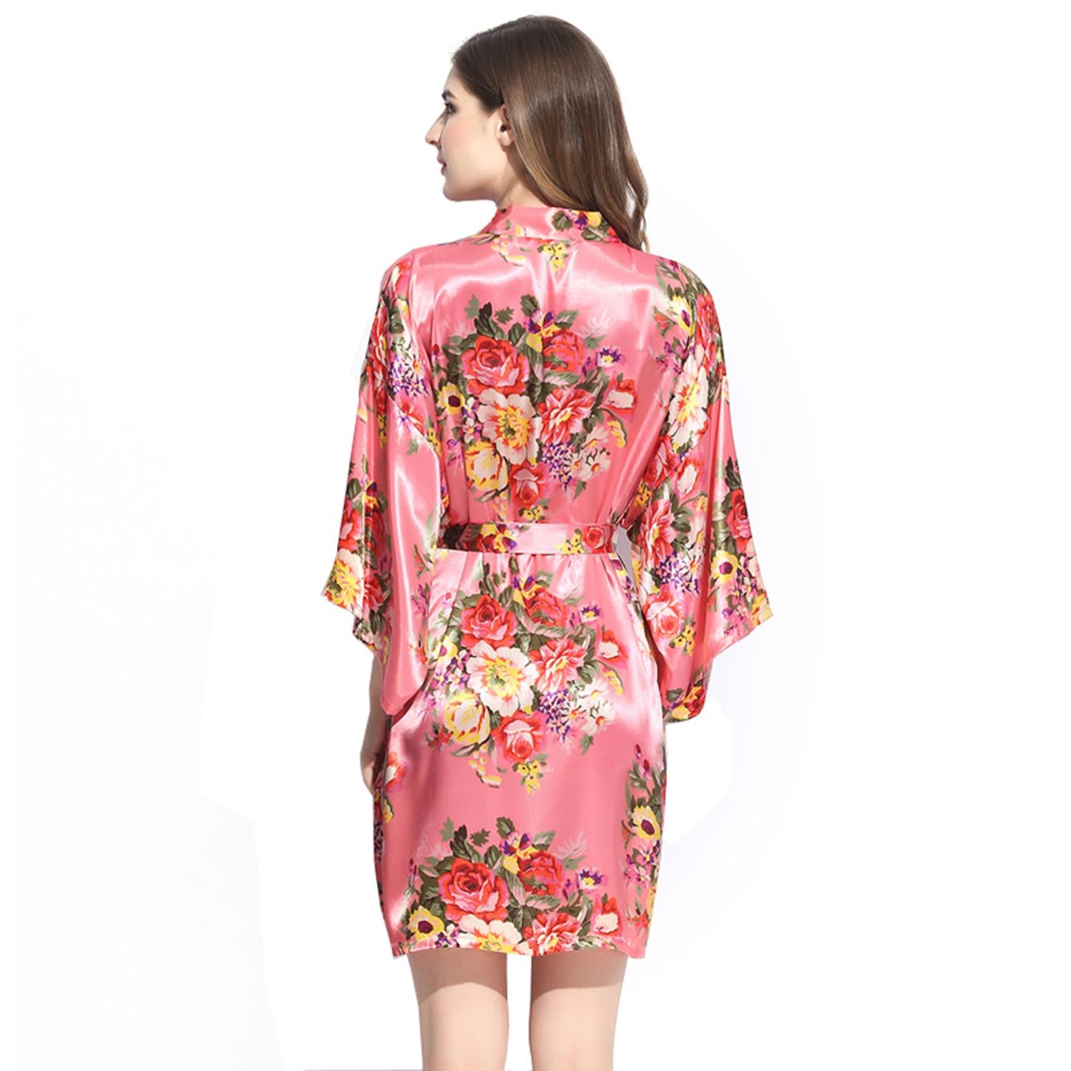 Coral - Floral Satin Kimono Robe