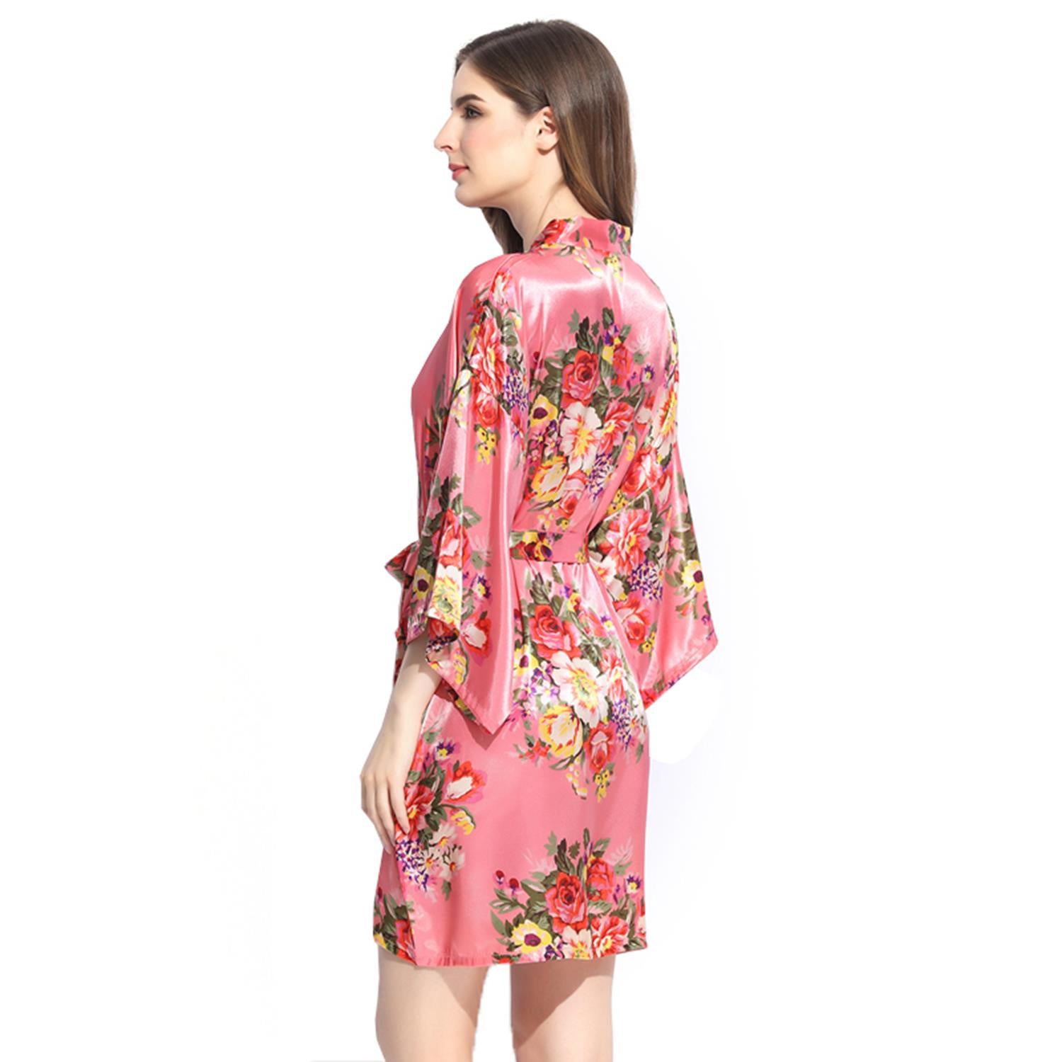 Coral - Floral Satin Kimono Robe
