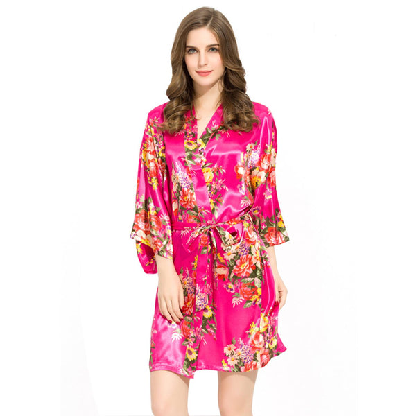 Hot Pink - Floral Satin Kimono Robe