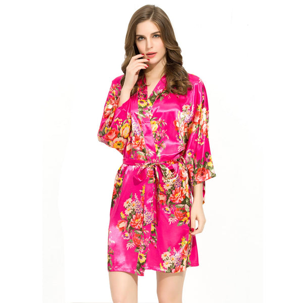 Hot Pink - Floral Satin Kimono Robe