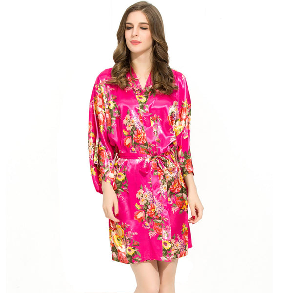 Hot Pink - Floral Satin Kimono Robe