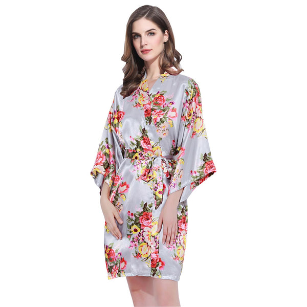 Grey - Floral Satin Kimono Robe