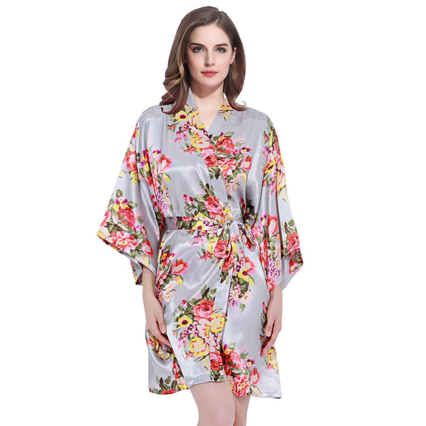 Grey - Floral Satin Kimono Robe