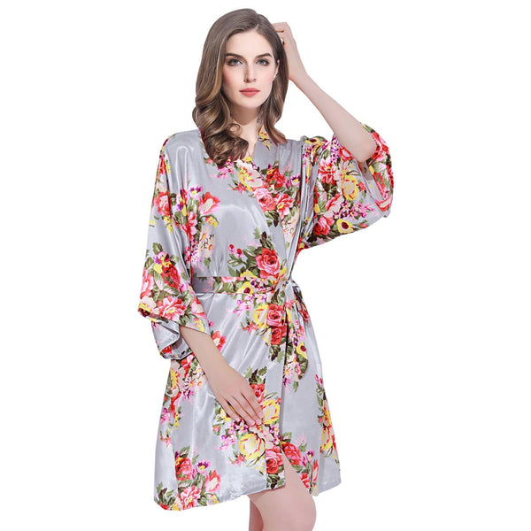 Grey - Floral Satin Kimono Robe