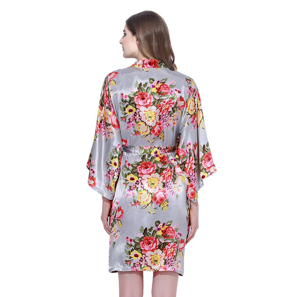 Grey - Floral Satin Kimono Robe