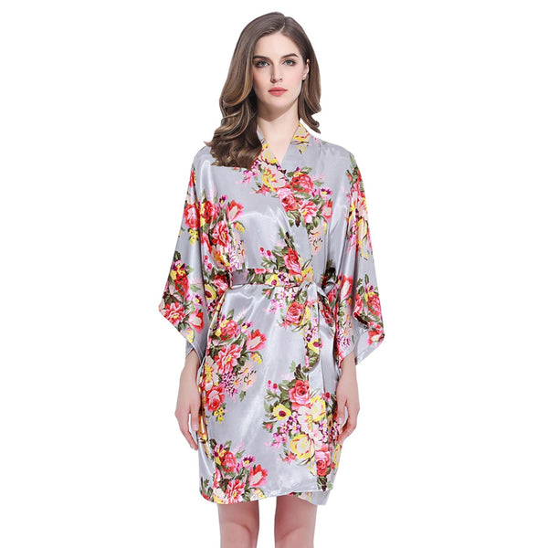 Grey - Floral Satin Kimono Robe